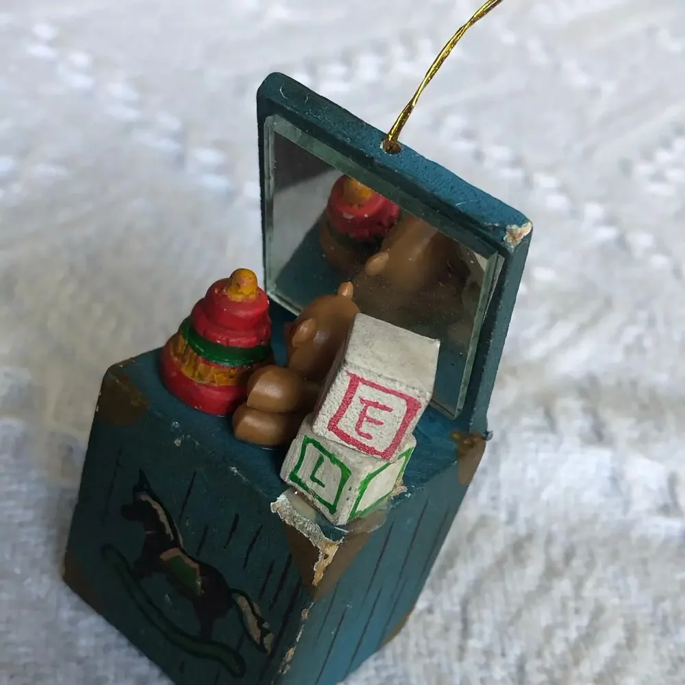VTG Wooden Toy Chest Christmas Ornaments Noel Set of 2 Hand Painted Glass Mirror